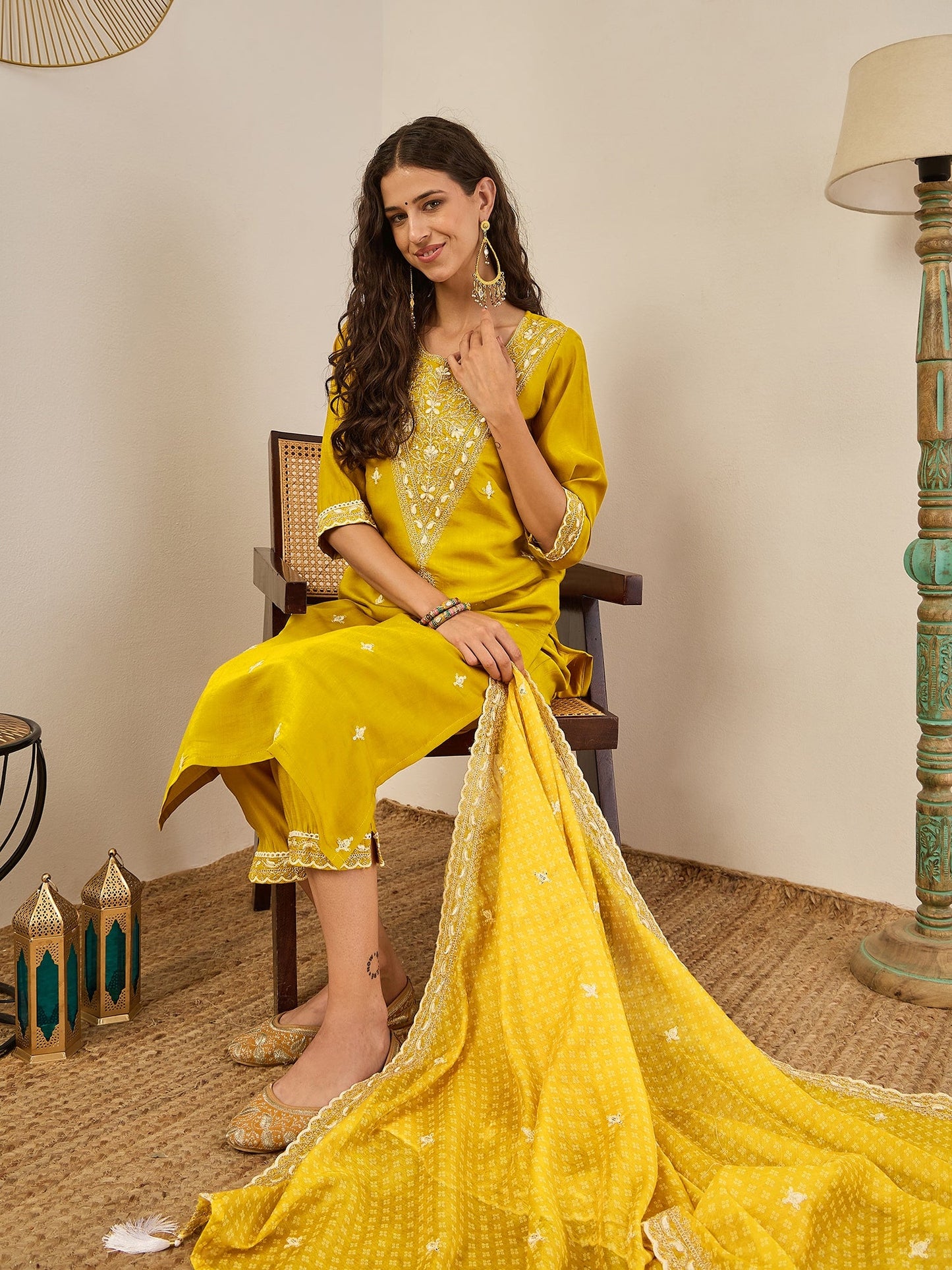 Roobee Lemon Embroidered Silk Blend Straight Suit With Dupatta - FitVibe Fashion
