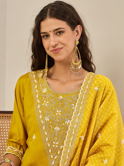 Roobee Lemon Embroidered Silk Blend Straight Suit With Dupatta - FitVibe Fashion