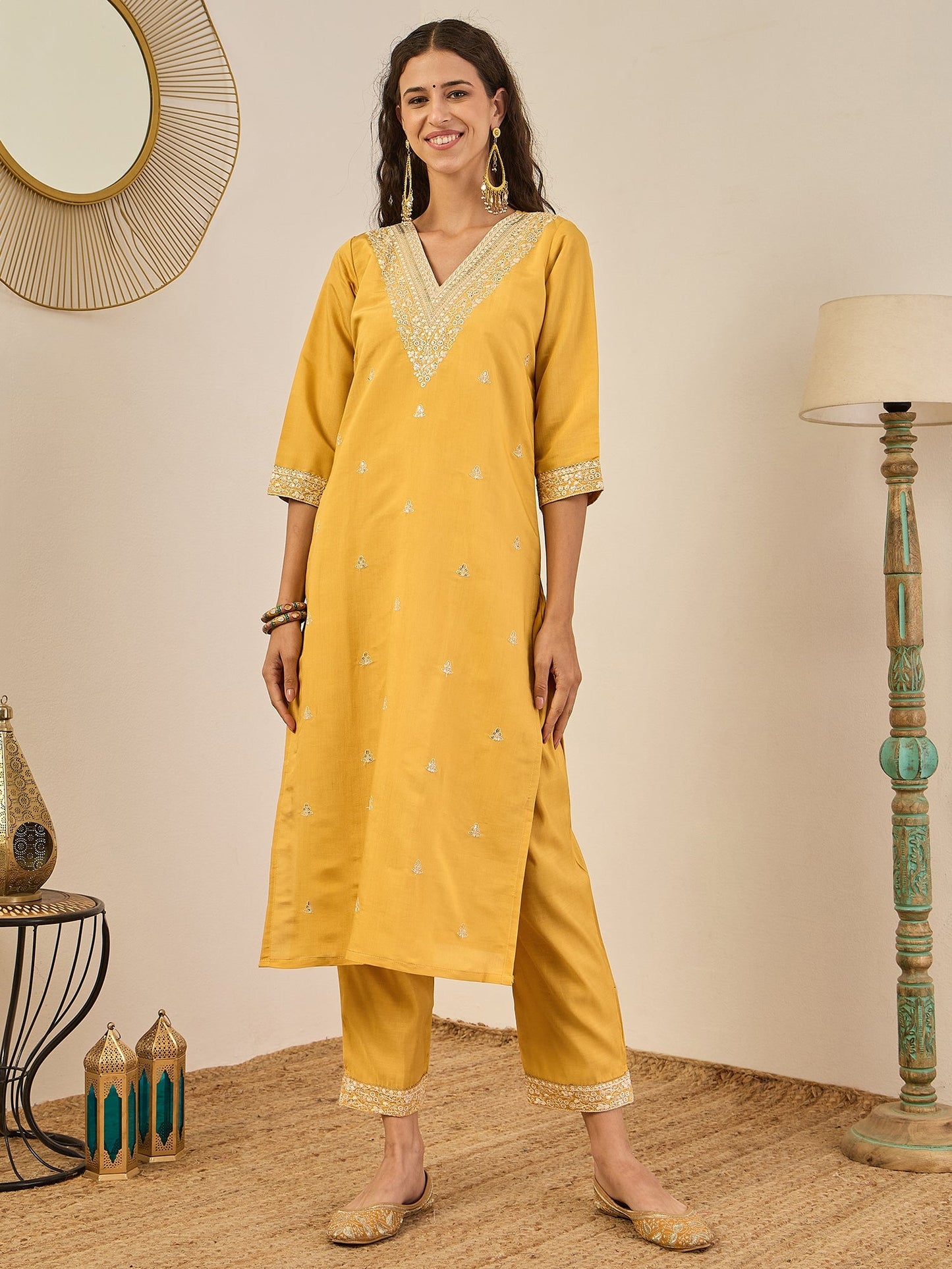 Kajal Elegant Silk Blend Kurta Set with Chanderi Dupatta Ready to Wear Embroidered Party Wear Outfit - FitVibe Fashion
