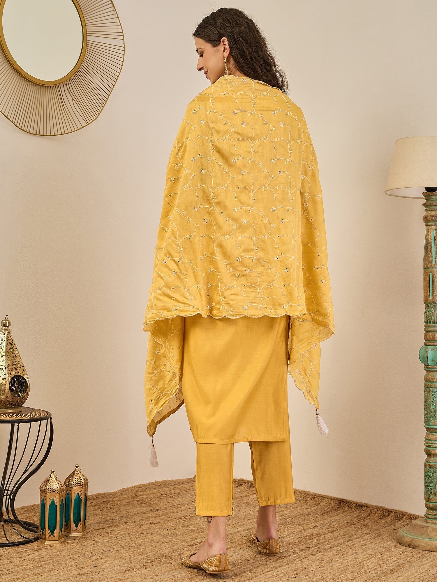 Kajal Elegant Silk Blend Kurta Set with Chanderi Dupatta Ready to Wear Embroidered Party Wear Outfit - FitVibe Fashion