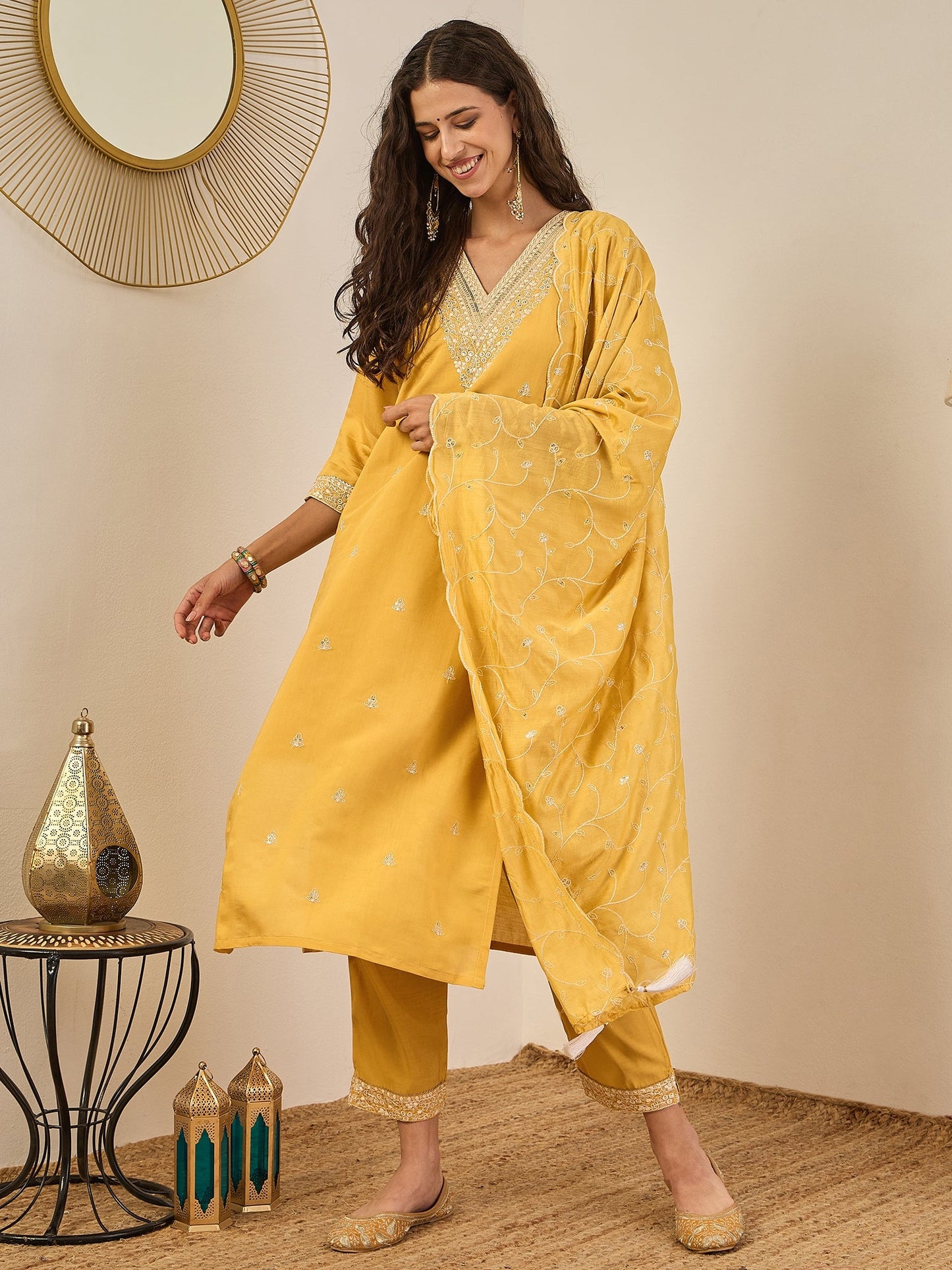 Kajal Elegant Silk Blend Kurta Set with Chanderi Dupatta Ready to Wear Embroidered Party Wear Outfit - FitVibe Fashion