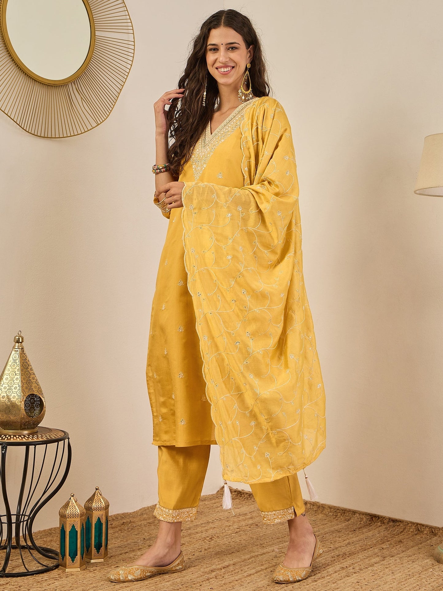 Kajal Elegant Silk Blend Kurta Set with Chanderi Dupatta Ready to Wear Embroidered Party Wear Outfit - FitVibe Fashion