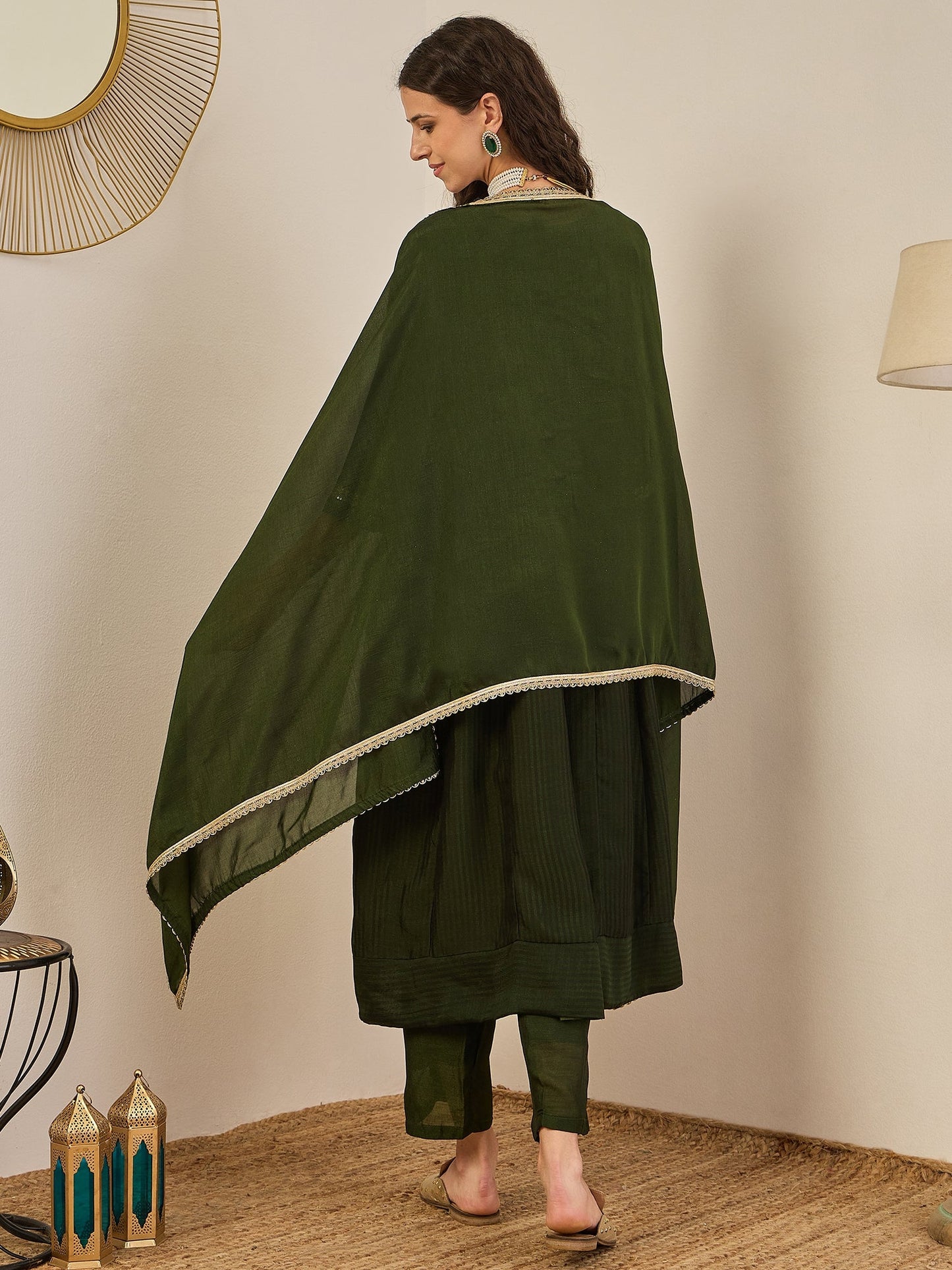 Shravya Green Embroidered Silk Blend Anarkali Kurta Pant With Dupatta Set - FitVibe Fashion