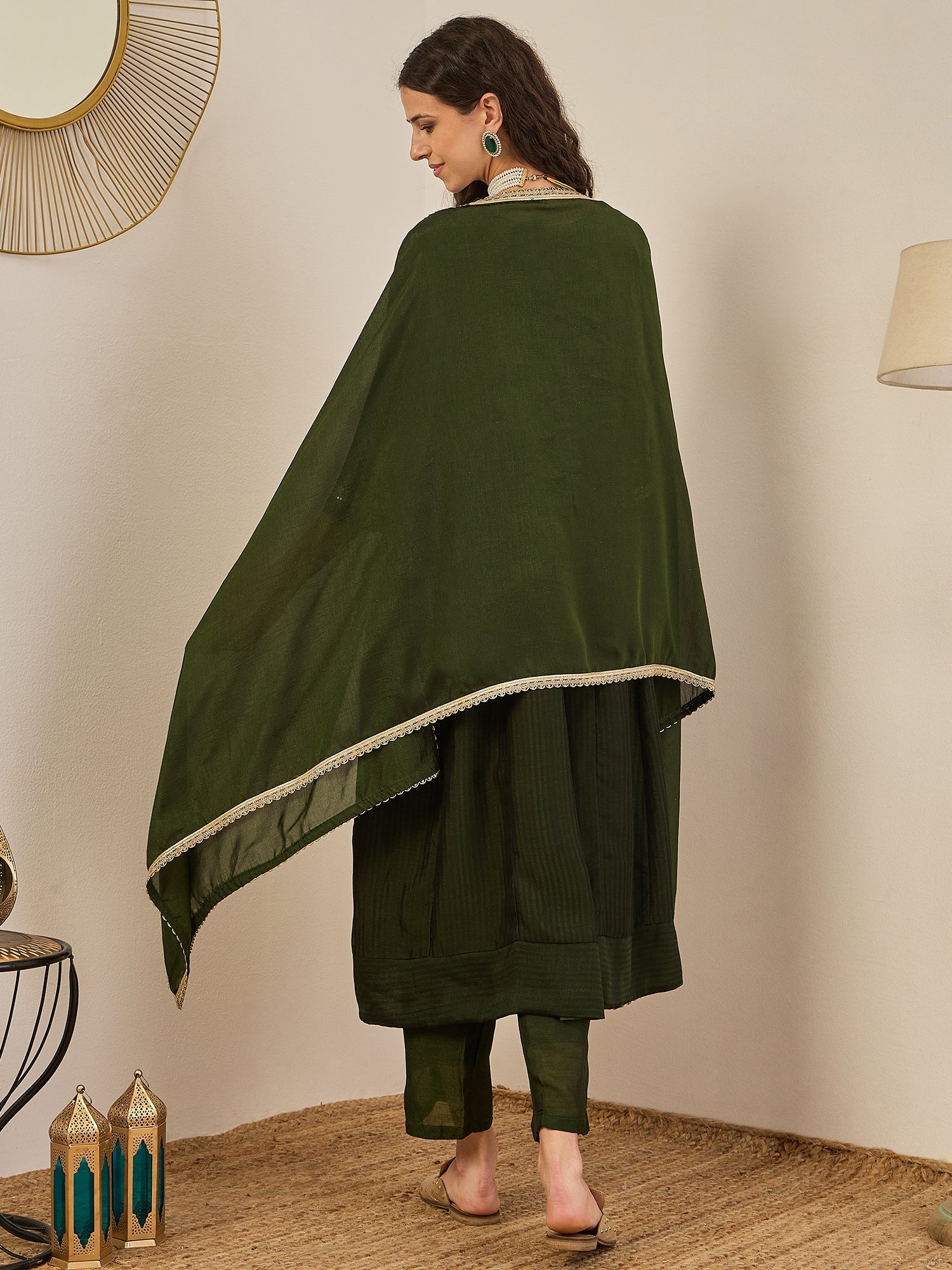 Shravya Green Embroidered Silk Blend Anarkali Kurta Pant With Dupatta Set - FitVibe Fashion