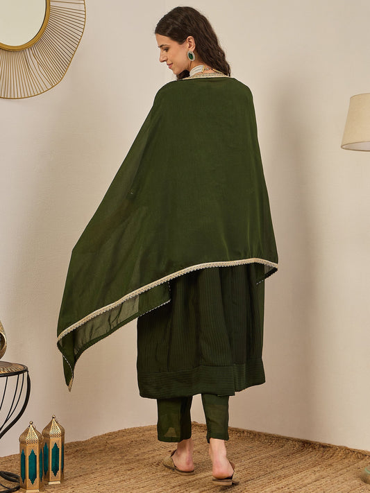 Shravya Green Embroidered Silk Blend Anarkali Kurta Pant With Dupatta Set - FitVibe Fashion