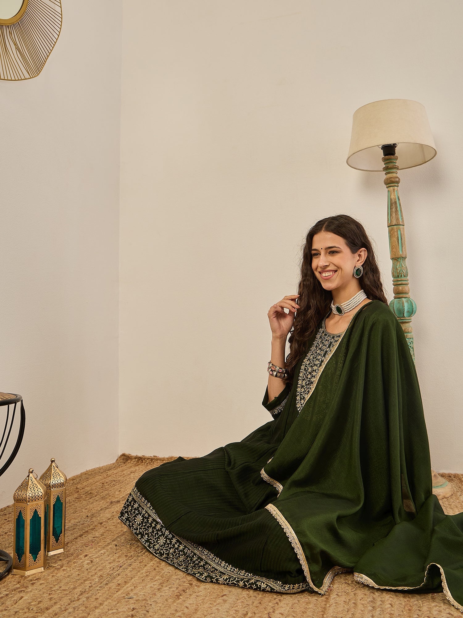 Shravya Green Embroidered Silk Blend Anarkali Kurta Pant With Dupatta Set - FitVibe Fashion