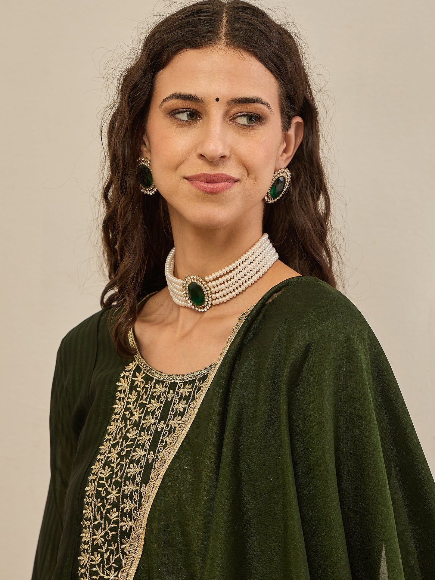 Shravya Green Embroidered Silk Blend Anarkali Kurta Pant With Dupatta Set - FitVibe Fashion