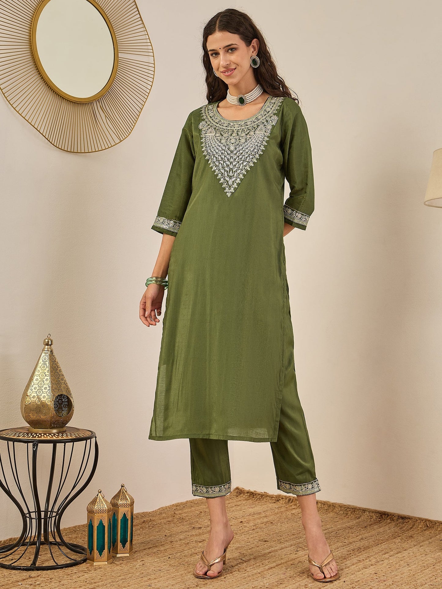 Zehra Women's Embroidered Silk Blend Calf Length Straight Kurta Trouser with Dupatta Set - FitVibe Fashion