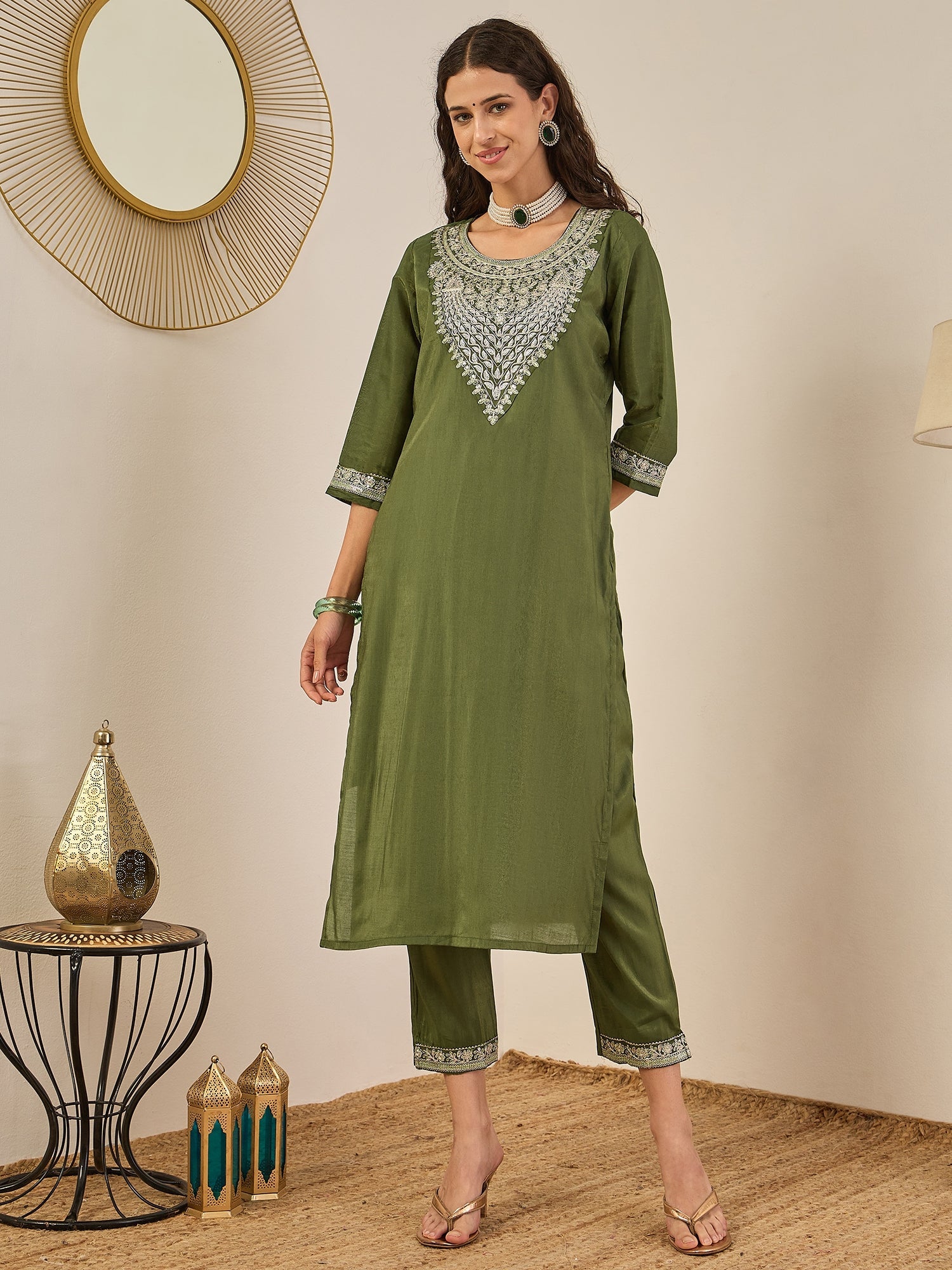 Zehra Women's Embroidered Silk Blend Calf Length Straight Kurta Trouser with Dupatta Set - FitVibe Fashion