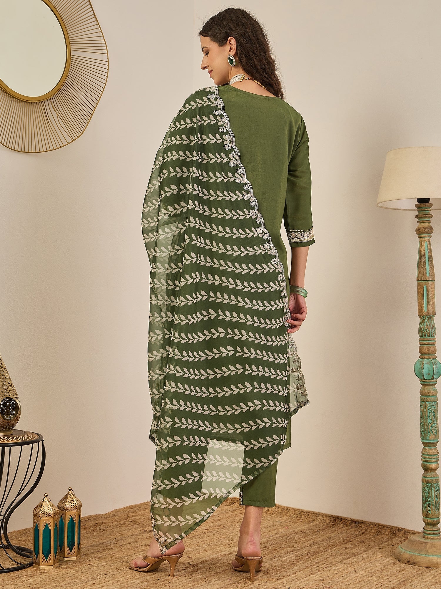 Zehra Women's Embroidered Silk Blend Calf Length Straight Kurta Trouser with Dupatta Set - FitVibe Fashion