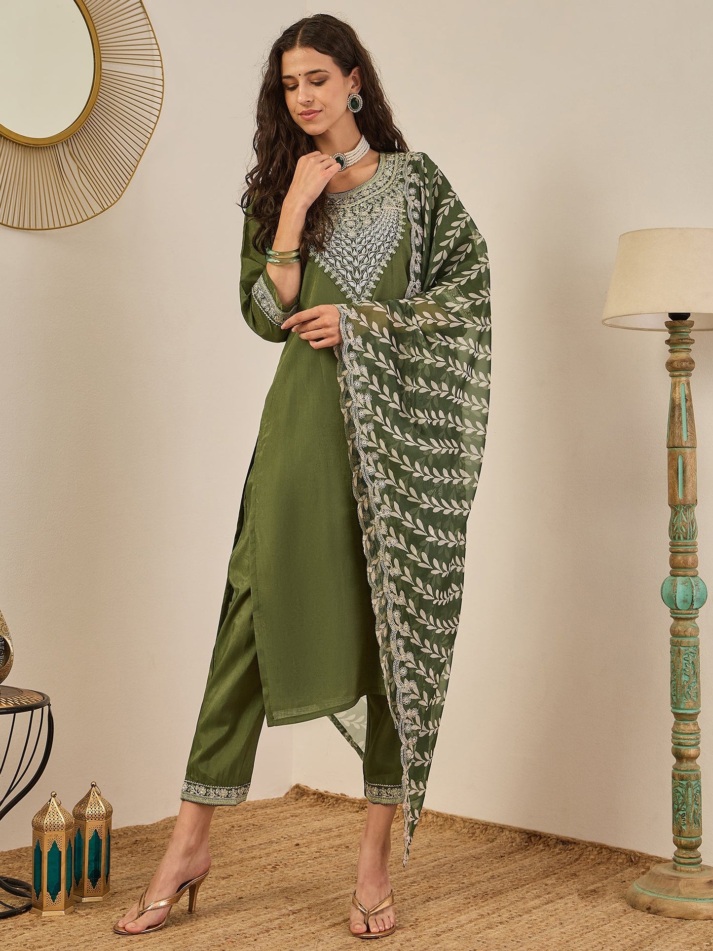 Zehra Women's Embroidered Silk Blend Calf Length Straight Kurta Trouser with Dupatta Set - FitVibe Fashion