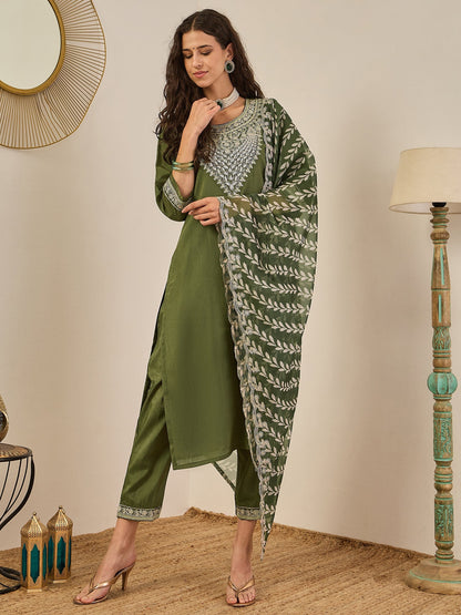 Zehra Women's Embroidered Silk Blend Calf Length Straight Kurta Trouser with Dupatta Set - FitVibe Fashion