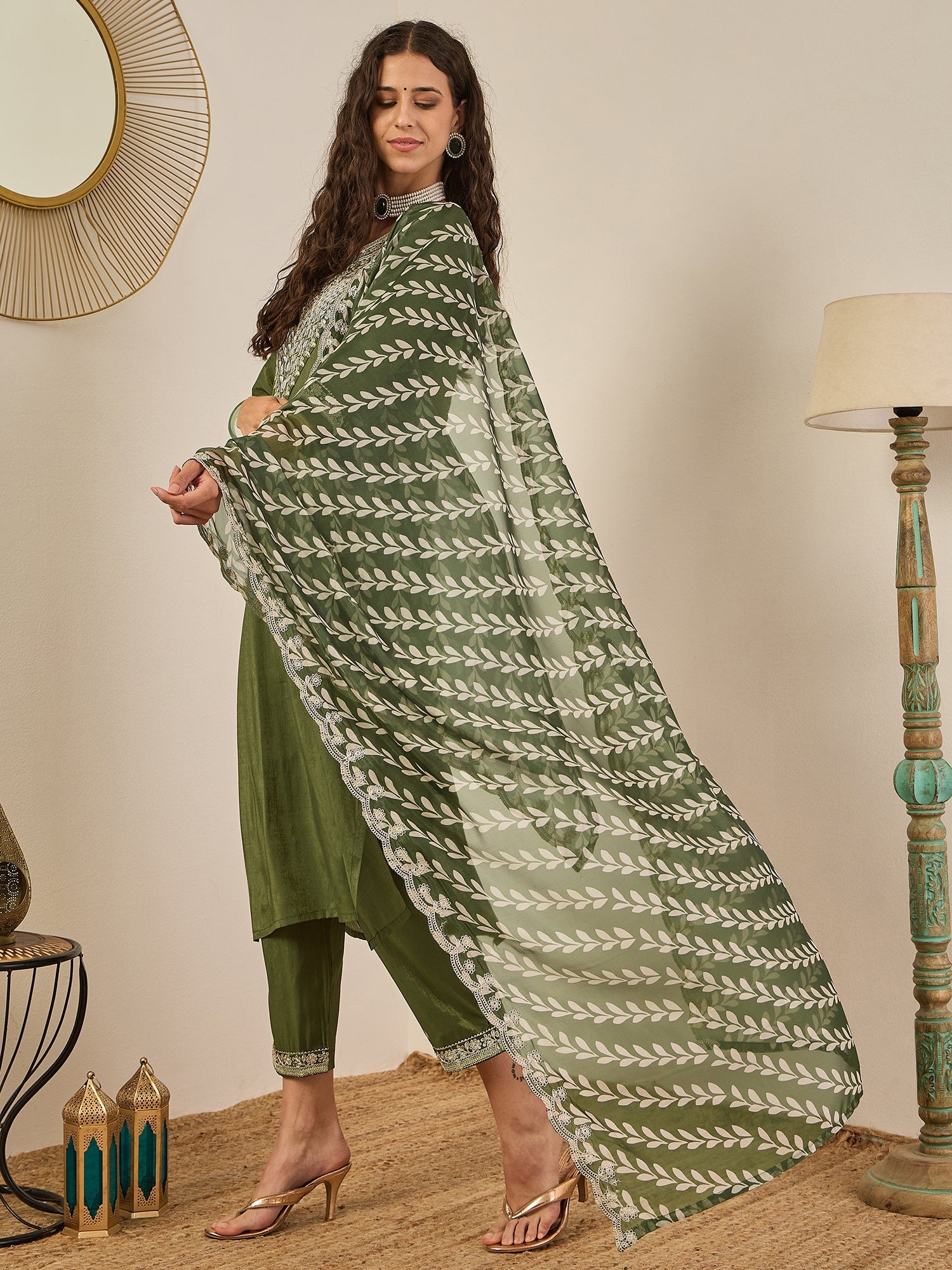 Zehra Women's Embroidered Silk Blend Calf Length Straight Kurta Trouser with Dupatta Set - FitVibe Fashion