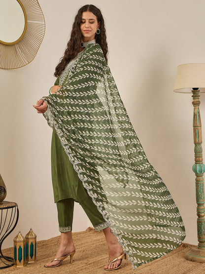 Zehra Women's Embroidered Silk Blend Calf Length Straight Kurta Trouser with Dupatta Set - FitVibe Fashion