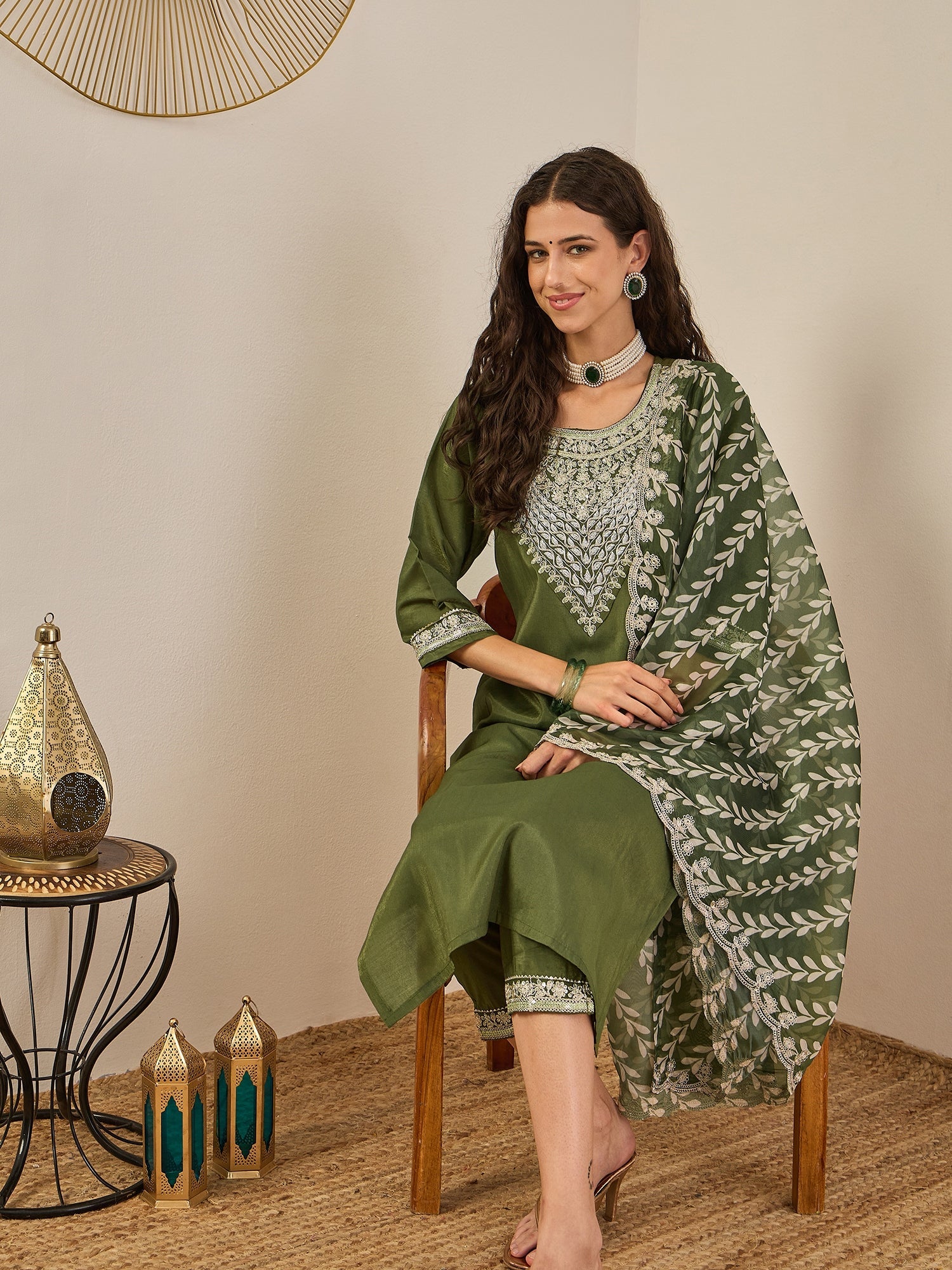 Zehra Women's Embroidered Silk Blend Calf Length Straight Kurta Trouser with Dupatta Set - FitVibe Fashion