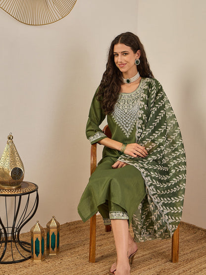 Zehra Women's Embroidered Silk Blend Calf Length Straight Kurta Trouser with Dupatta Set - FitVibe Fashion