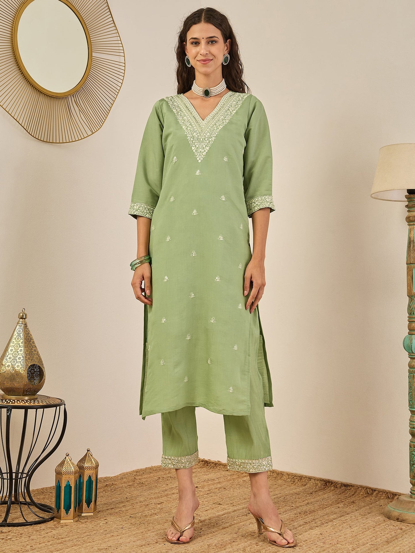 Krishna Elegant Silk Blend Kurta Set with Chanderi Dupatta Ready to Wear Embroidered Party Wear Outfit - FitVibe Fashion