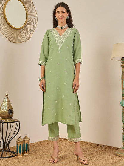 Krishna Elegant Silk Blend Kurta Set with Chanderi Dupatta Ready to Wear Embroidered Party Wear Outfit - FitVibe Fashion