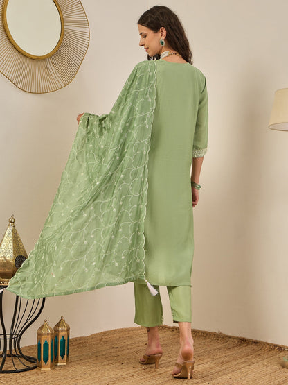 Krishna Elegant Silk Blend Kurta Set with Chanderi Dupatta Ready to Wear Embroidered Party Wear Outfit - FitVibe Fashion