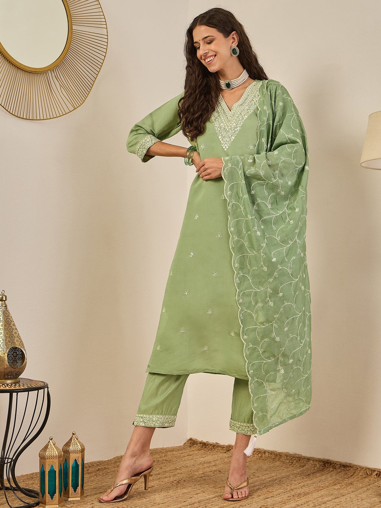 Krishna Elegant Silk Blend Kurta Set with Chanderi Dupatta Ready to Wear Embroidered Party Wear Outfit - FitVibe Fashion