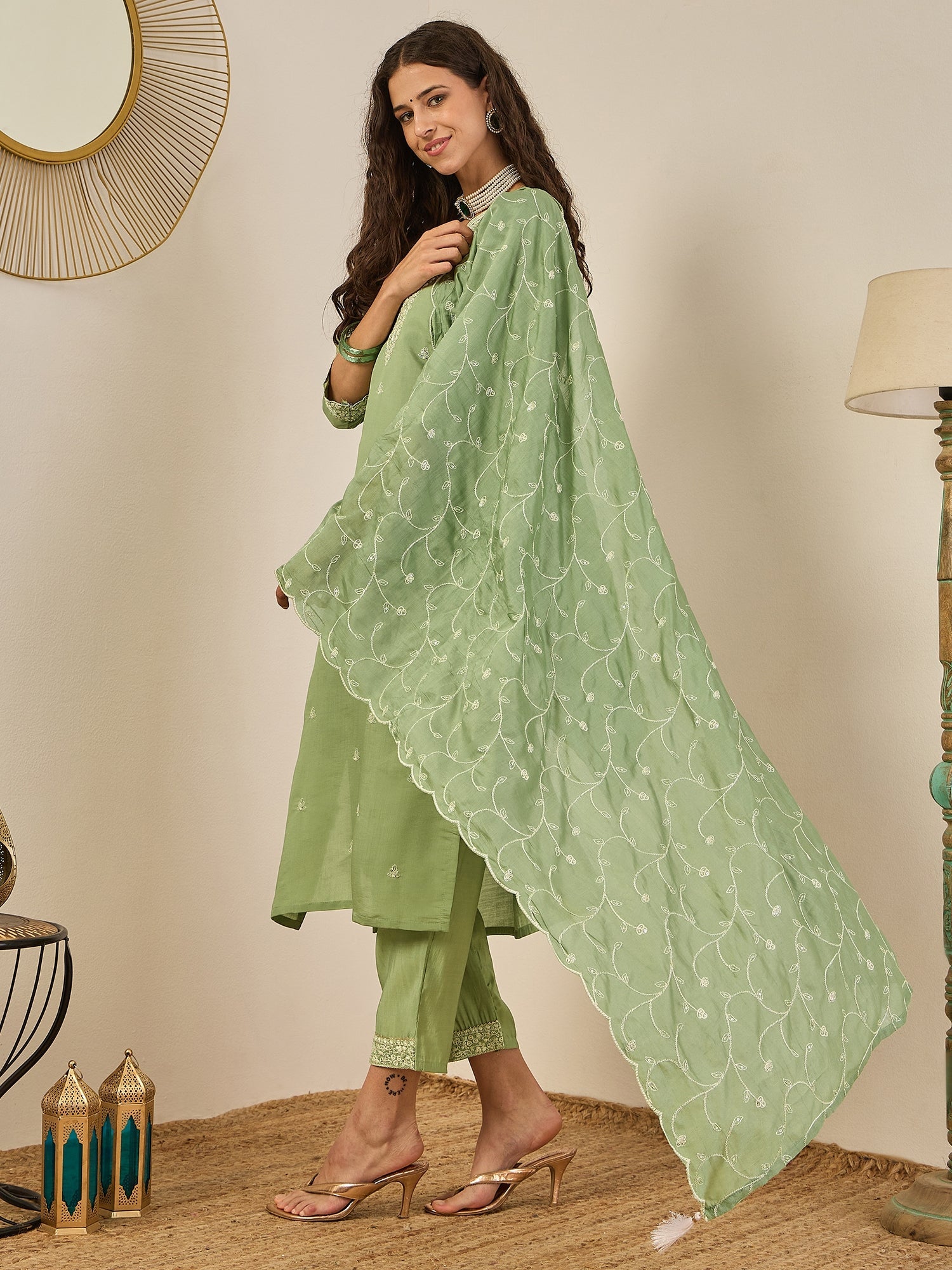 Krishna Elegant Silk Blend Kurta Set with Chanderi Dupatta Ready to Wear Embroidered Party Wear Outfit - FitVibe Fashion