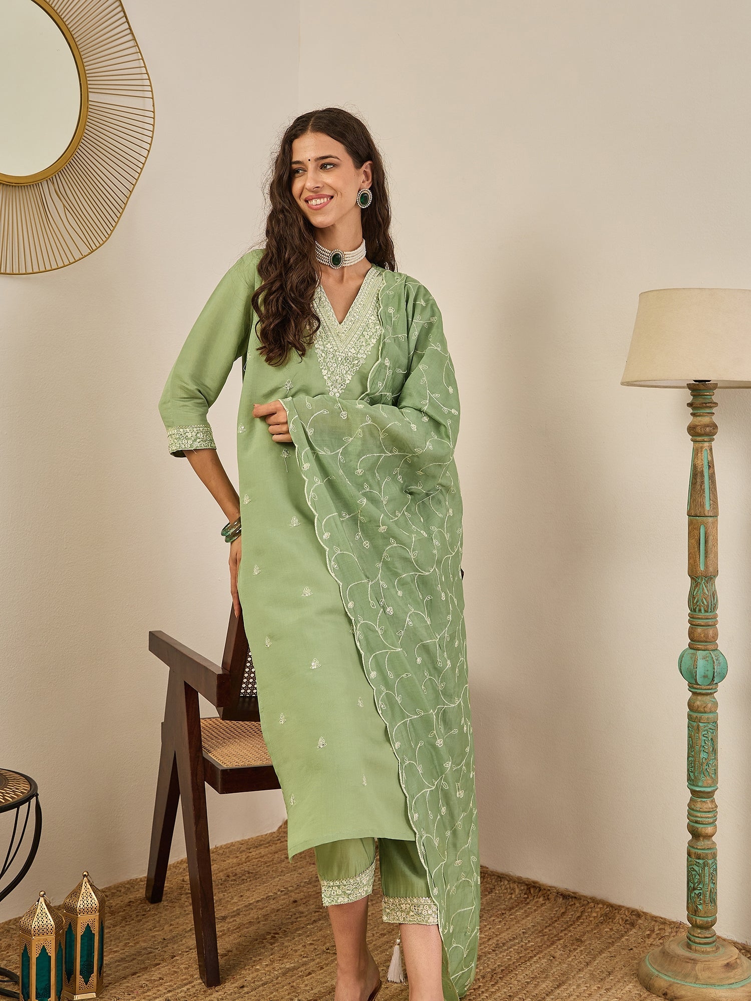 Krishna Elegant Silk Blend Kurta Set with Chanderi Dupatta Ready to Wear Embroidered Party Wear Outfit - FitVibe Fashion