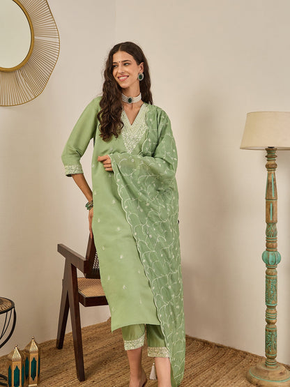 Krishna Elegant Silk Blend Kurta Set with Chanderi Dupatta Ready to Wear Embroidered Party Wear Outfit - FitVibe Fashion