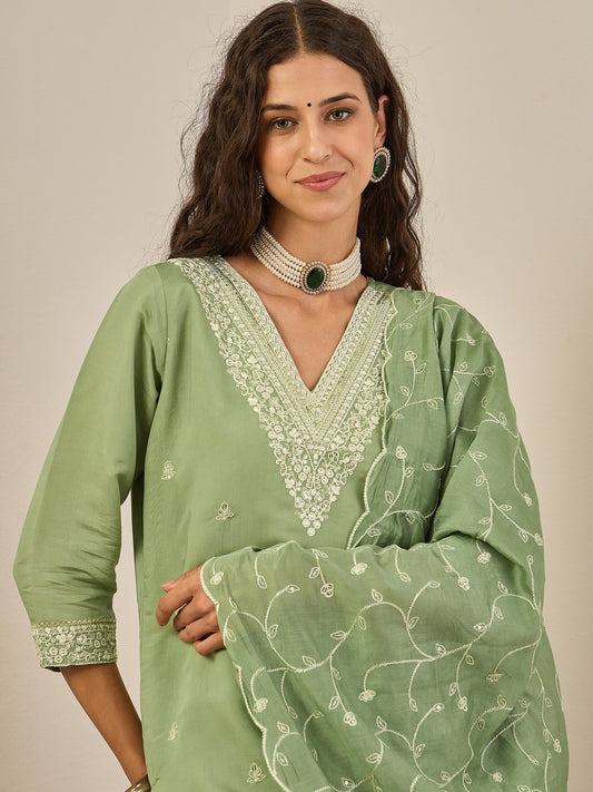Krishna Elegant Silk Blend Kurta Set with Chanderi Dupatta Ready to Wear Embroidered Party Wear Outfit - FitVibe Fashion
