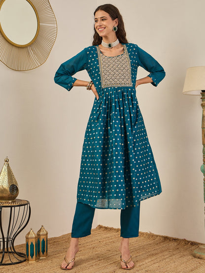 Phool Embroidered Chanderi Teal Suit Set with Dupatta Ethnic Sets - FitVibe Fashion