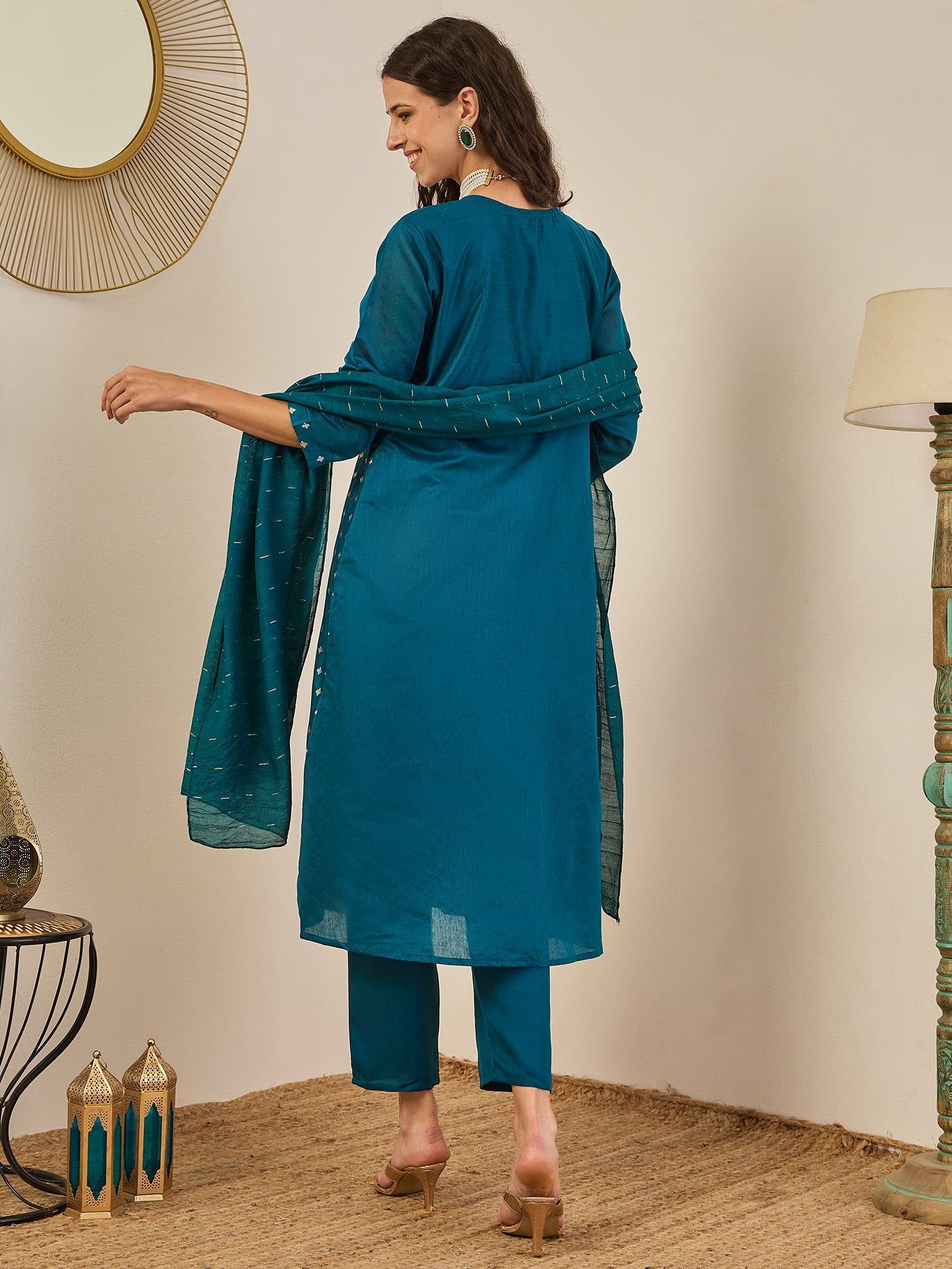Phool Embroidered Chanderi Teal Suit Set with Dupatta Ethnic Sets - FitVibe Fashion