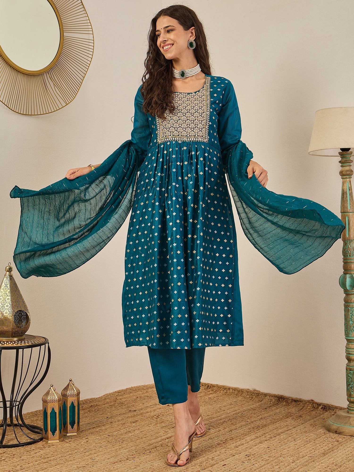 Phool Embroidered Chanderi Teal Suit Set with Dupatta Ethnic Sets - FitVibe Fashion