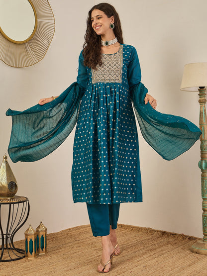 Phool Embroidered Chanderi Teal Suit Set with Dupatta Ethnic Sets - FitVibe Fashion