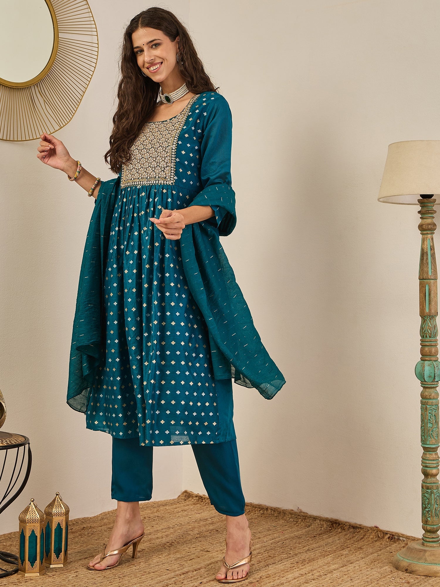 Phool Embroidered Chanderi Teal Suit Set with Dupatta Ethnic Sets - FitVibe Fashion