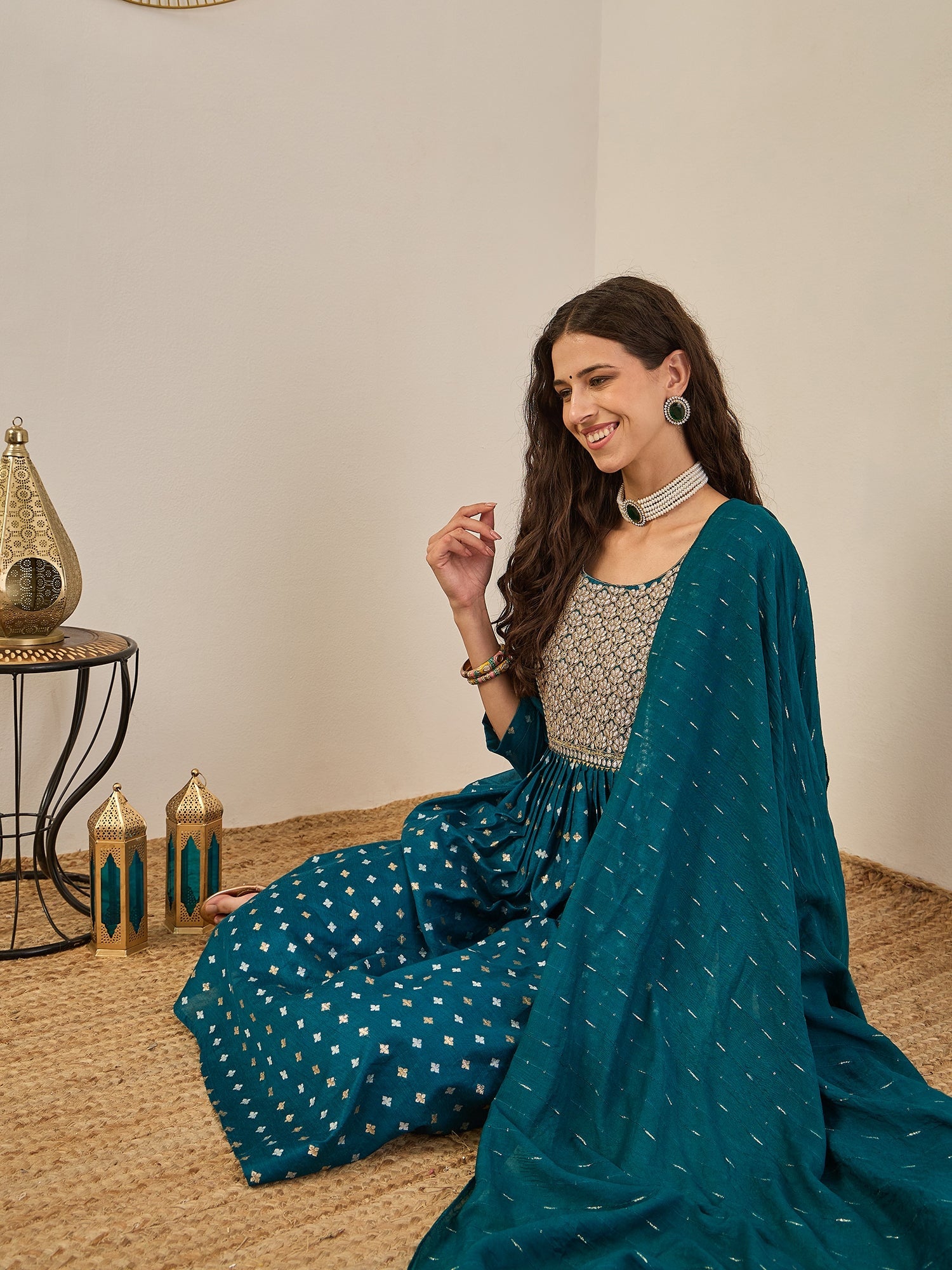 Phool Embroidered Chanderi Teal Suit Set with Dupatta Ethnic Sets - FitVibe Fashion