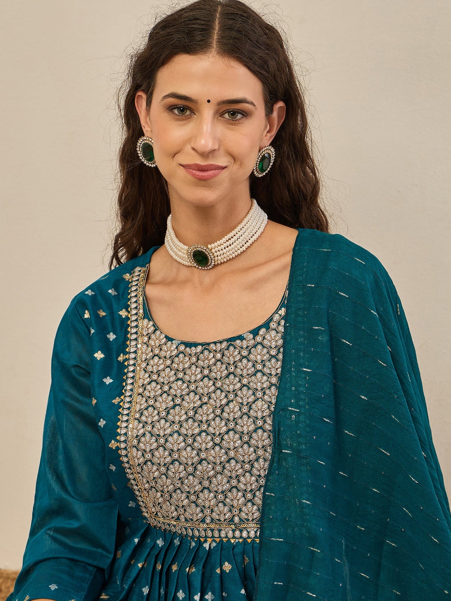 Phool Embroidered Chanderi Teal Suit Set with Dupatta Ethnic Sets - FitVibe Fashion