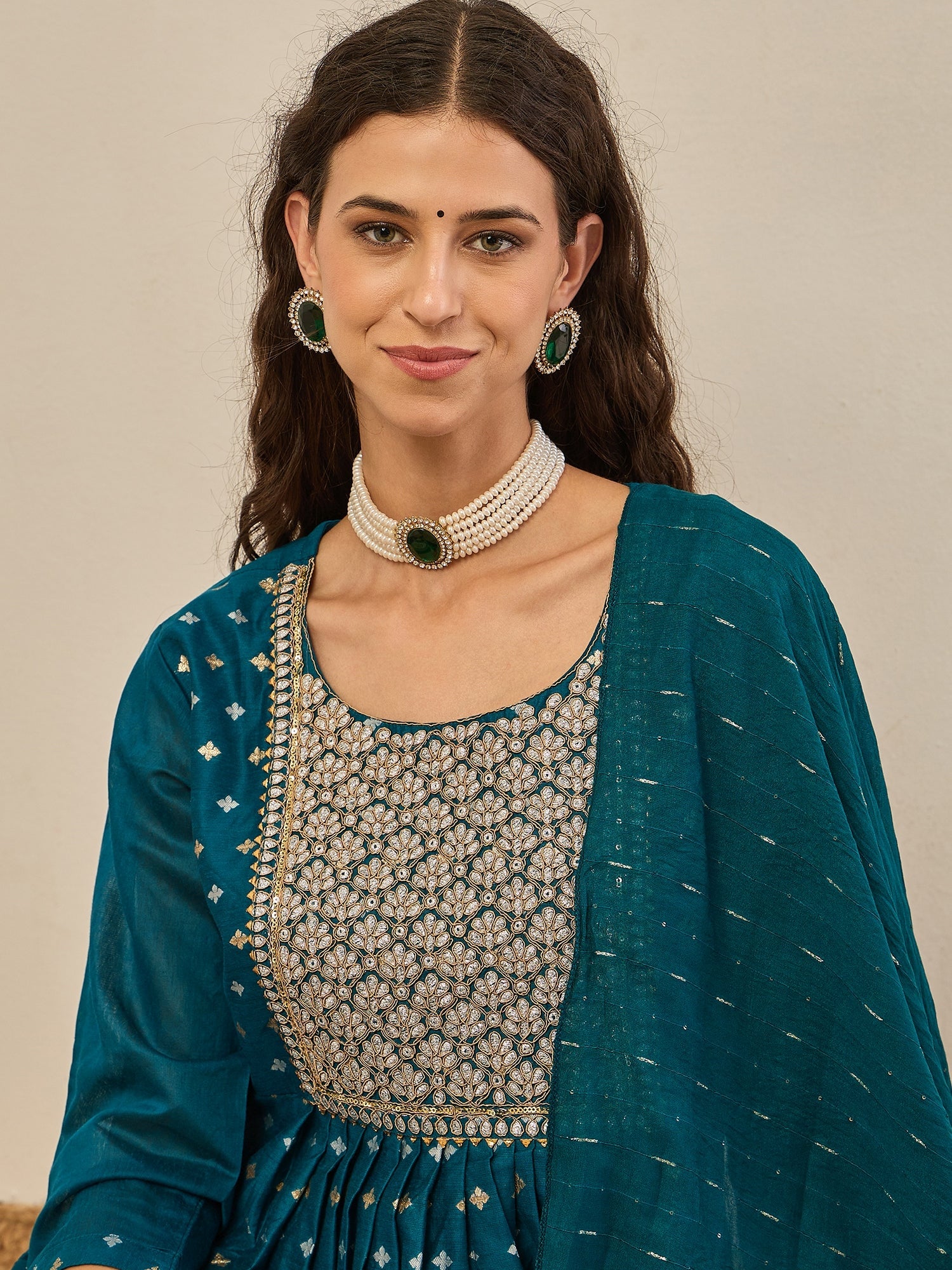 Phool Embroidered Chanderi Teal Suit Set with Dupatta Ethnic Sets - FitVibe Fashion