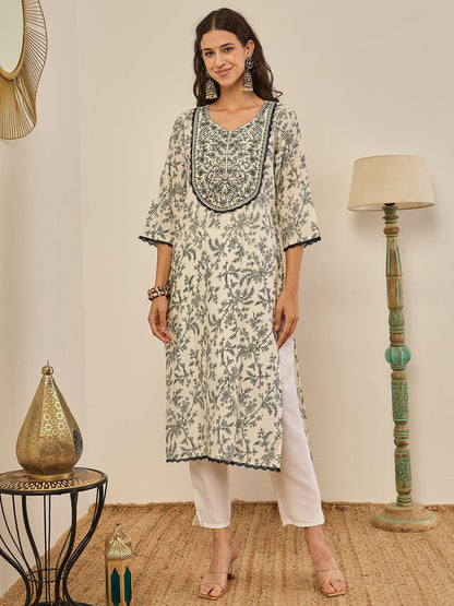 Keerthy Cream Embroidered Straight Printed Kurta Pant Set with Organza Dupatta - FitVibe Fashion