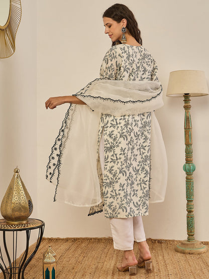 Keerthy Cream Embroidered Straight Printed Kurta Pant Set with Organza Dupatta - FitVibe Fashion