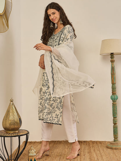 Keerthy Cream Embroidered Straight Printed Kurta Pant Set with Organza Dupatta - FitVibe Fashion