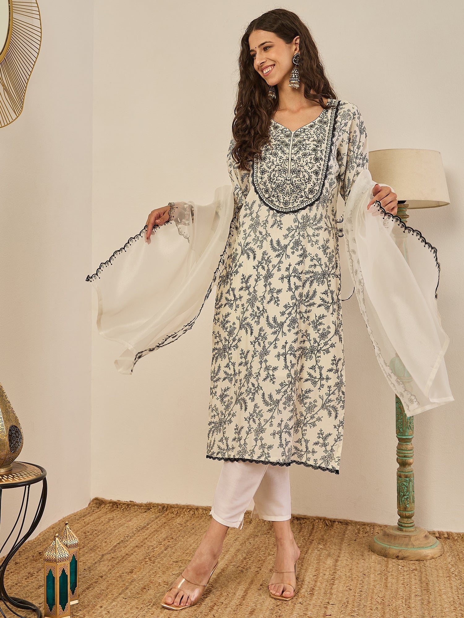 Keerthy Cream Embroidered Straight Printed Kurta Pant Set with Organza Dupatta - FitVibe Fashion