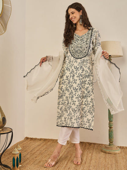 Keerthy Cream Embroidered Straight Printed Kurta Pant Set with Organza Dupatta - FitVibe Fashion