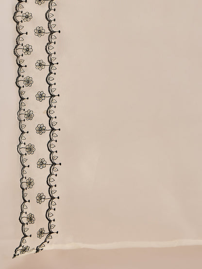 Keerthy Cream Embroidered Straight Printed Kurta Pant Set with Organza Dupatta - FitVibe Fashion