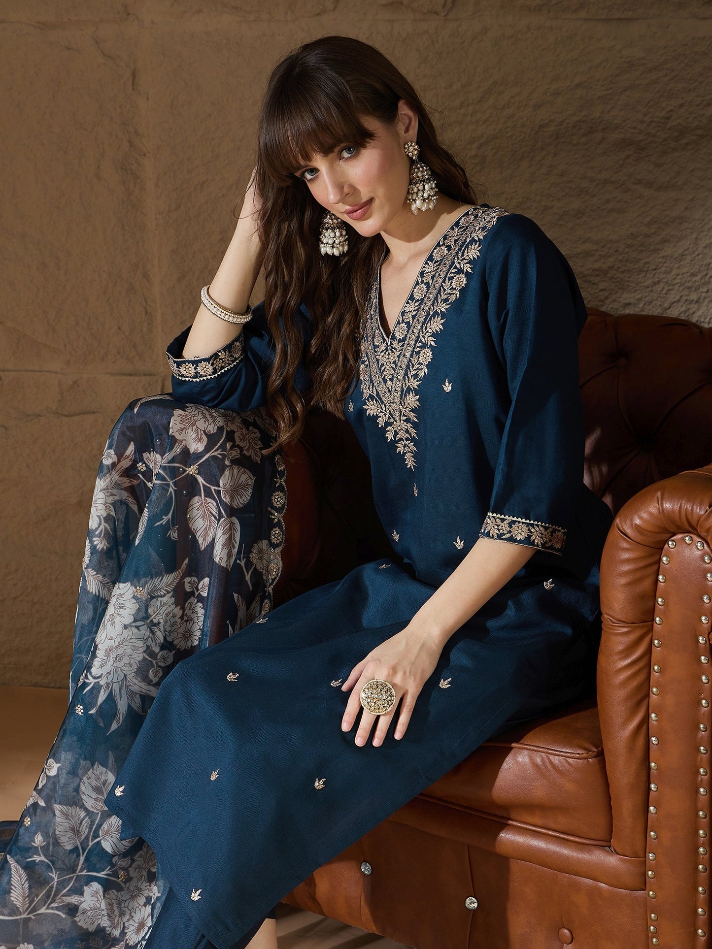 Chitra Charm Teal Yoke Design Silk Blend Straight Suit With Dupatta - FitVibe Fashion