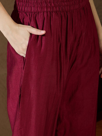 Chitra Charm Maroon Yoke Design Silk Blend Straight Suit With Dupatta - FitVibe Fashion