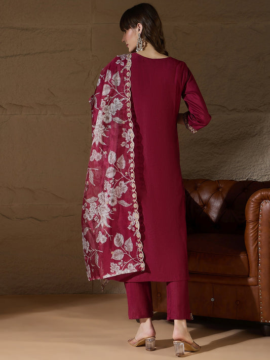 Chitra Charm Maroon Yoke Design Silk Blend Straight Suit With Dupatta - FitVibe Fashion