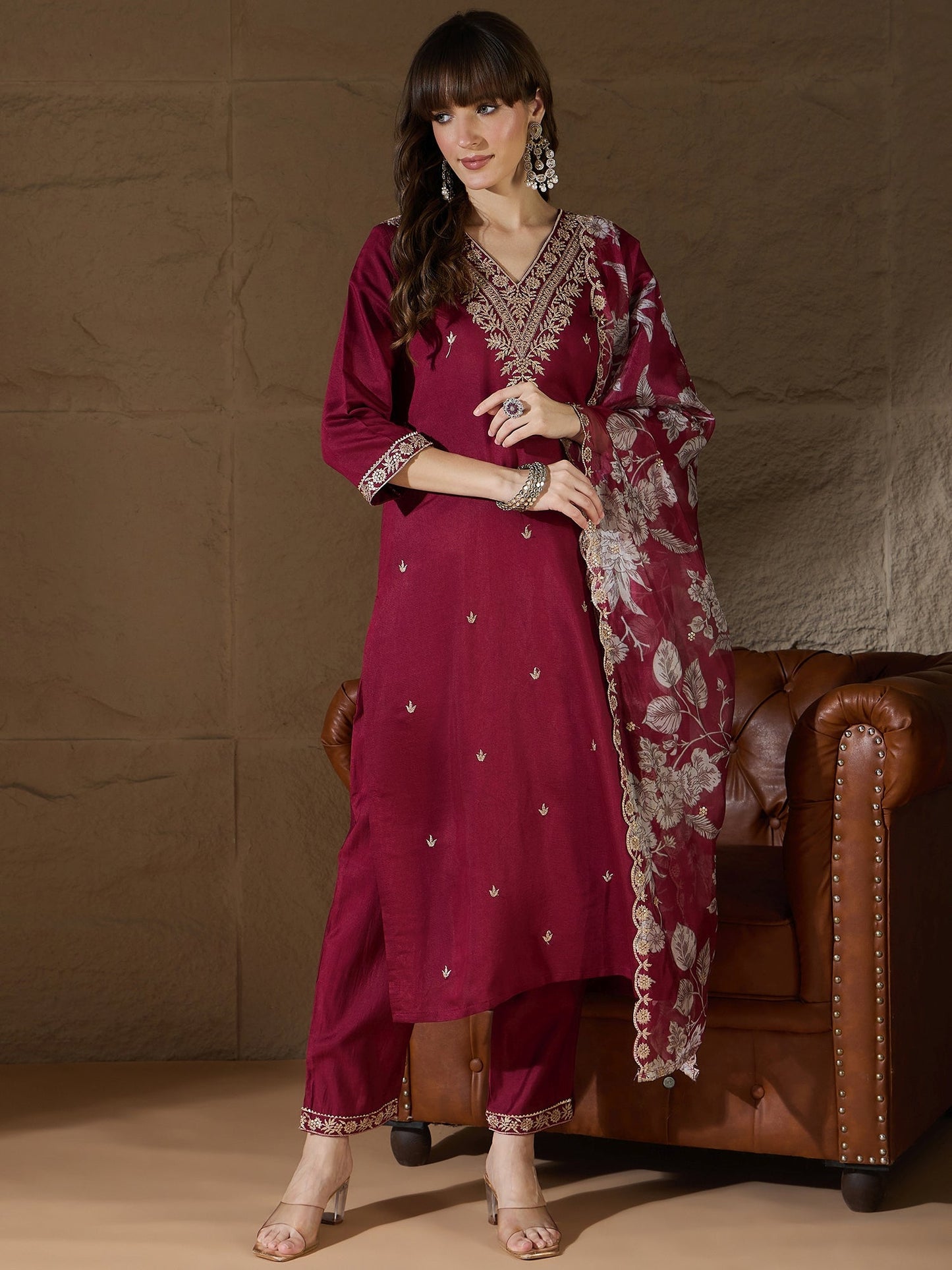 Chitra Charm Maroon Yoke Design Silk Blend Straight Suit With Dupatta - FitVibe Fashion