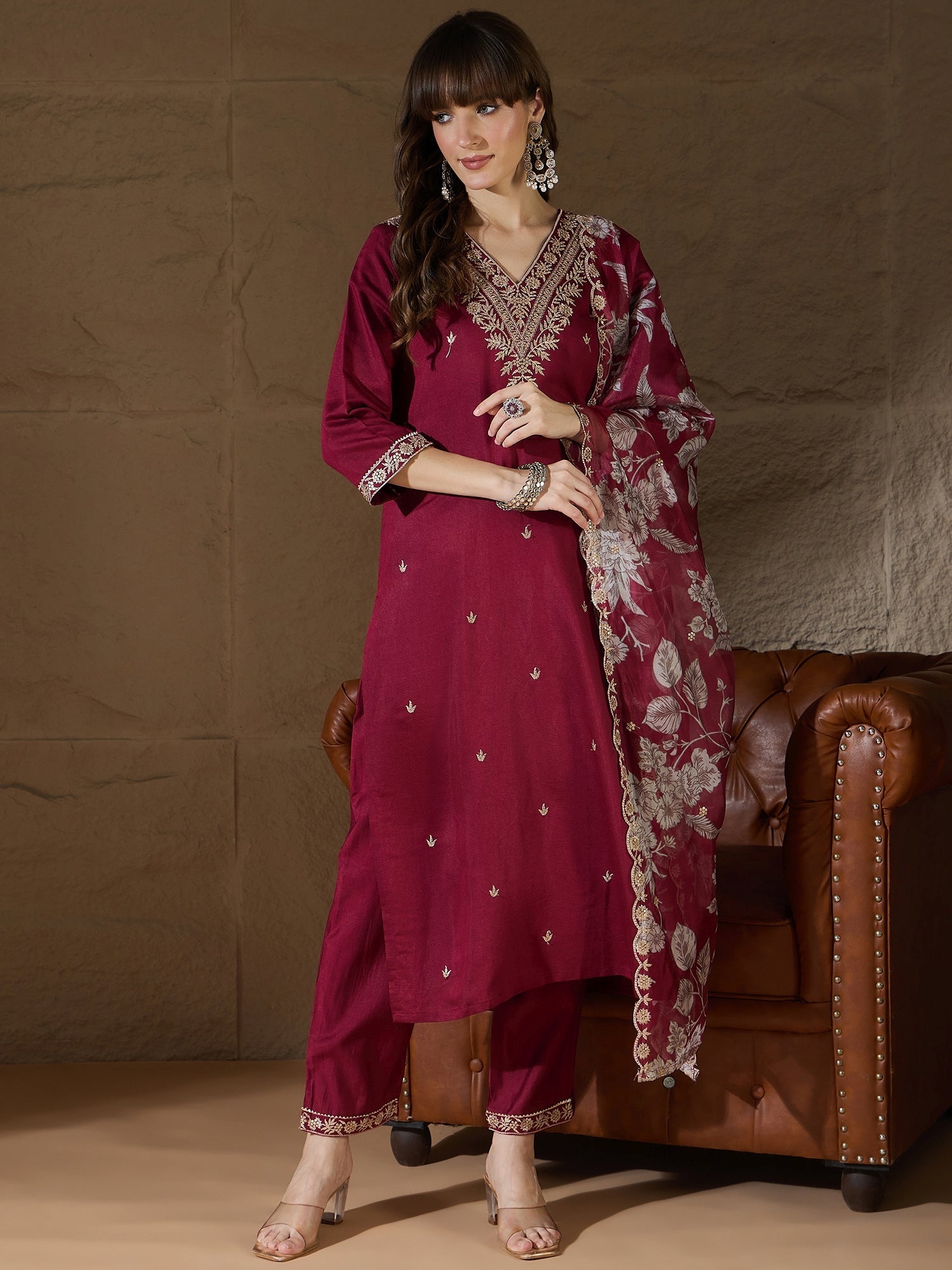 Chitra Charm Maroon Yoke Design Silk Blend Straight Suit With Dupatta - FitVibe Fashion