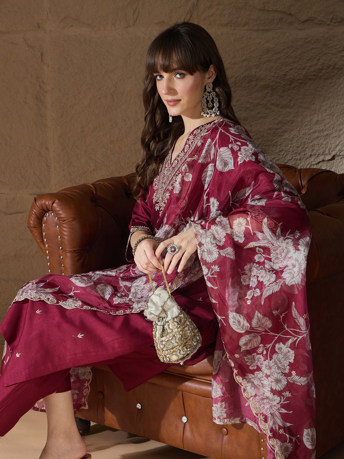 Chitra Charm Maroon Yoke Design Silk Blend Straight Suit With Dupatta - FitVibe Fashion