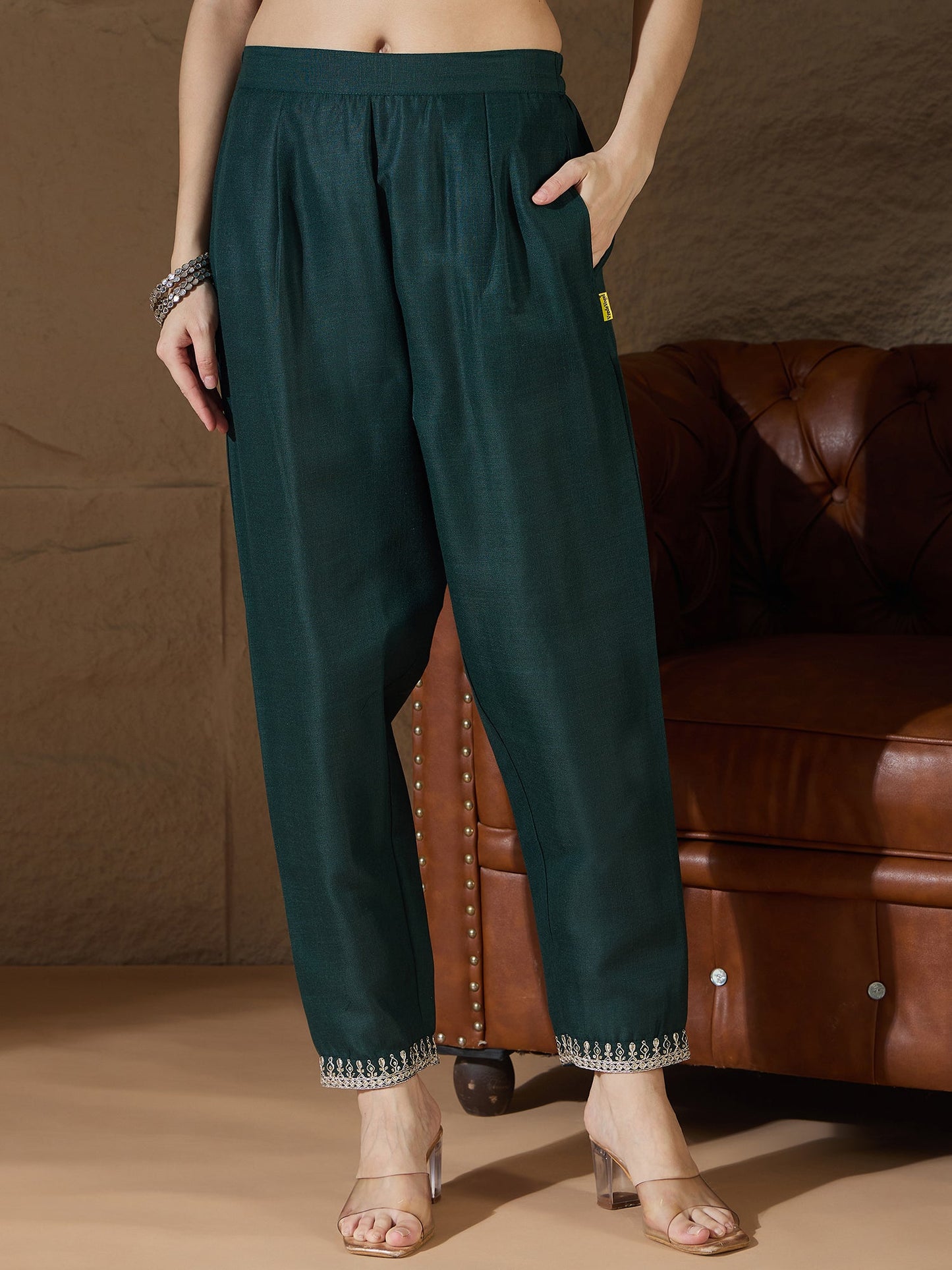 Nitya Green Women Kurta and Trousers Pant Sets Cotton Blend - FitVibe Fashion