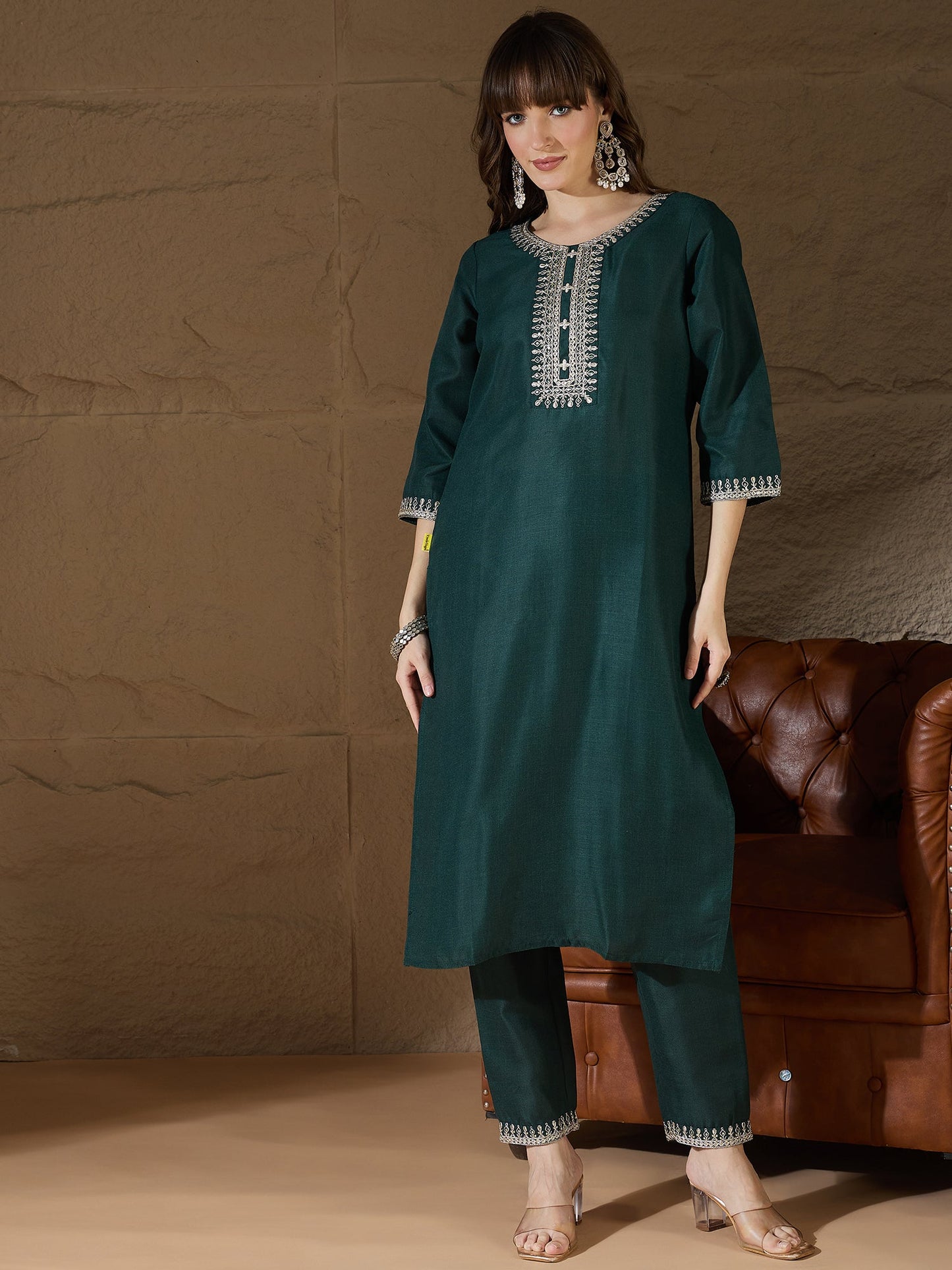 Nitya Green Women Kurta and Trousers Pant Sets Cotton Blend - FitVibe Fashion